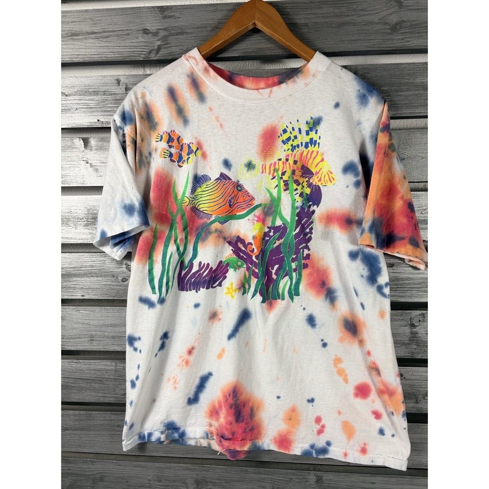 Vintage 90s Aquamarine Tie Dye T Shirt Men XL/L Single Stitch Sea Horse Fish USA